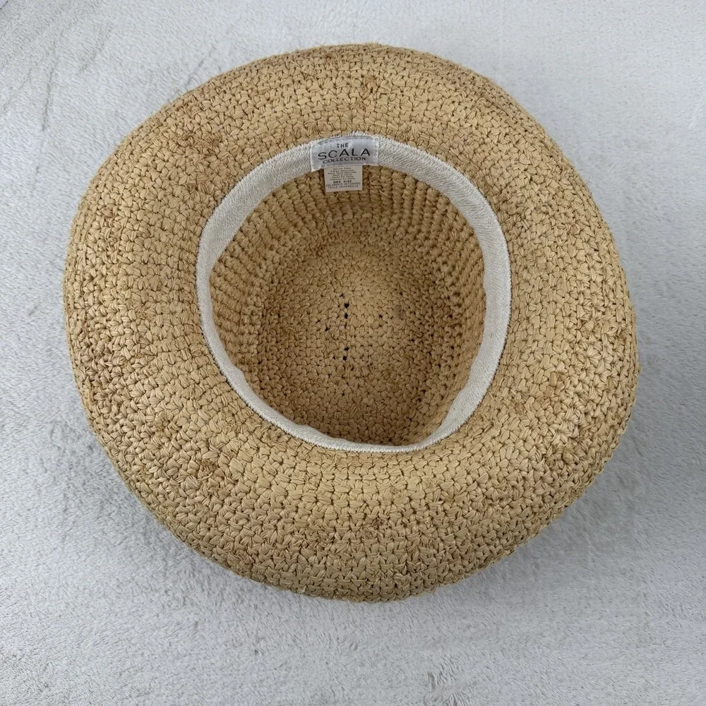 Scala Crocheted Twisted Raffia Straw Boater Hat with Drawstring One Size Natural